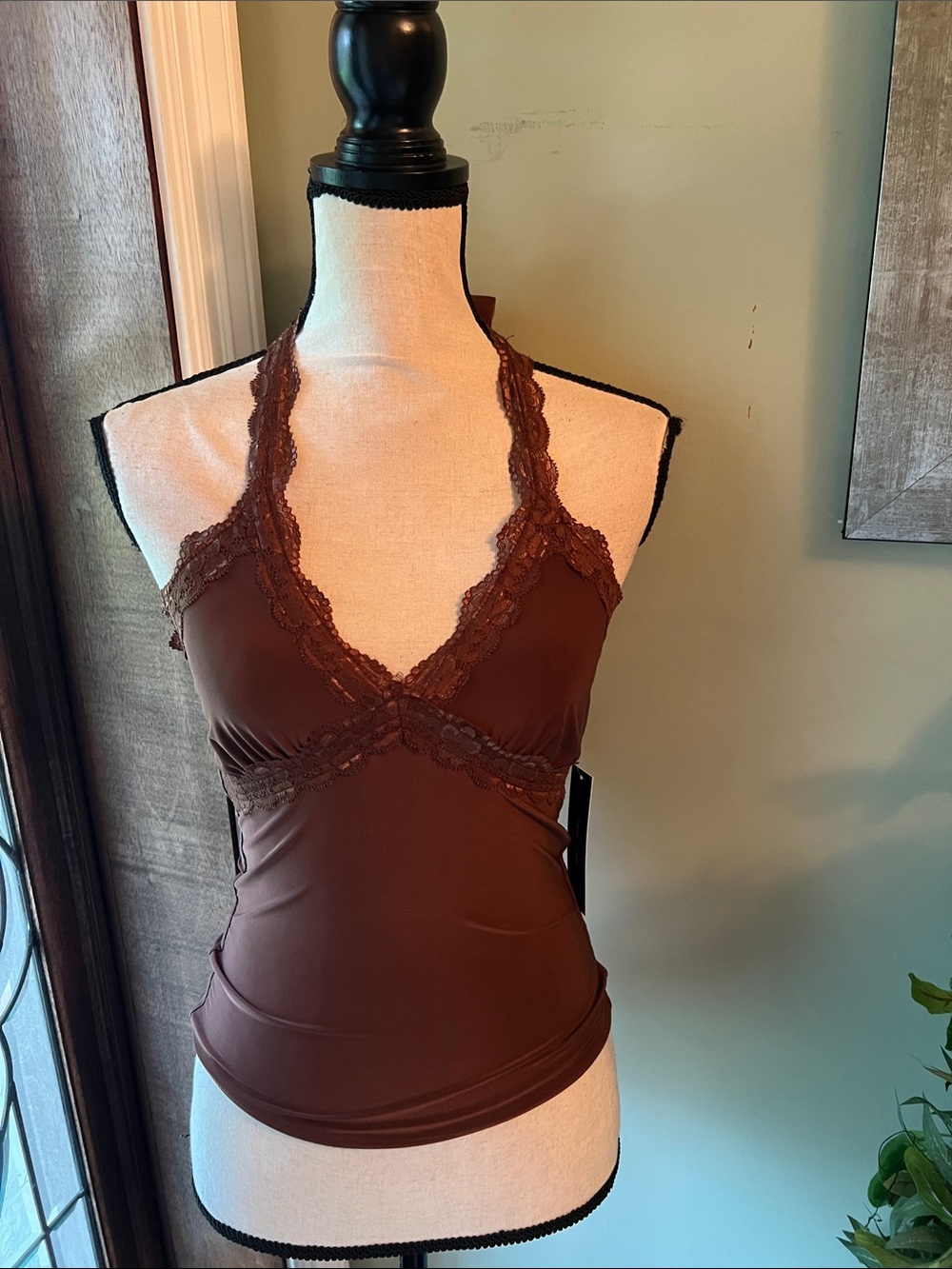 Moa Moa Brown Lace Trim Halter Tank